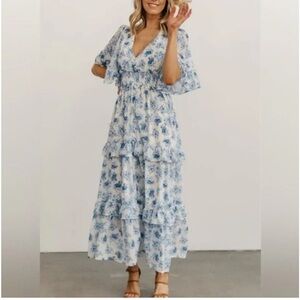 NWOT Baltic Born Iris Tiered Maxi Dress Blue + White Floral